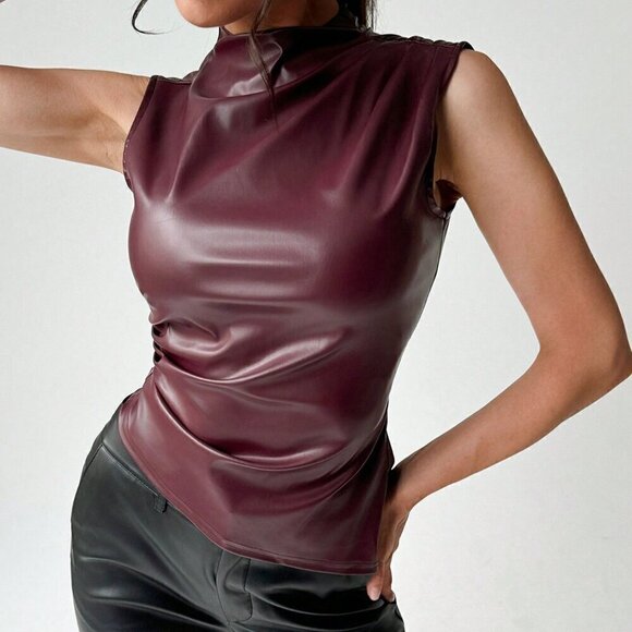 Wine Red Preppy Women's Motorcycle Solid PU Asymmetric Ruched Waist Tank Top - Picture 1 of 5